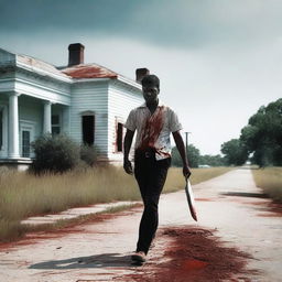 A man walking along the side of the road in summer with a bloody machete in his hand