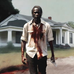A man walking along the side of the road in summer with a bloody machete in his hand