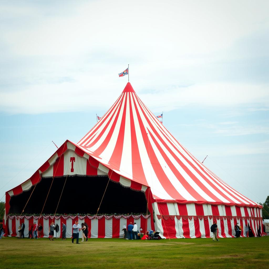 A large, colorful circus tent with red and white stripes, set up in an open field