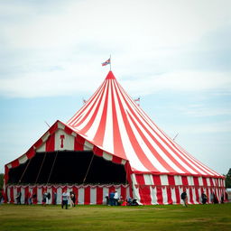 A large, colorful circus tent with red and white stripes, set up in an open field