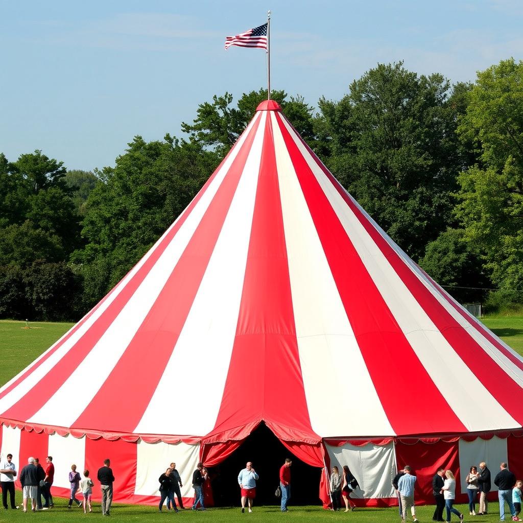 A large, colorful circus tent with red and white stripes, set up in an open field