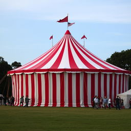 A large, colorful circus tent with red and white stripes, set up in an open field