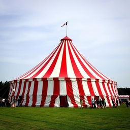 A large, colorful circus tent with red and white stripes, set up in an open field