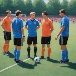 The same scene of soccer players peacefully interacting with referees on a sunny soccer field, but now rendered as a beautiful, vibrant colored pencil drawing.