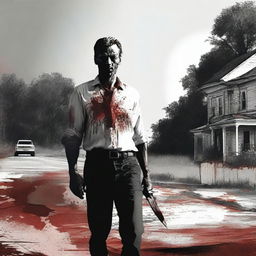 A white man walking along the side of the road in summer with a bloody machete in his hand