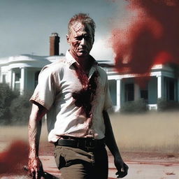 A white man walking along the side of the road in summer with a bloody machete in his hand