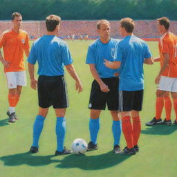 The same scene of soccer players peacefully interacting with referees on a sunny soccer field, but now rendered as a beautiful, vibrant colored pencil drawing.