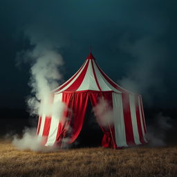 A red and white circus tent standing in an open field