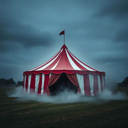 A red and white circus tent standing in an open field