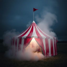 A red and white circus tent standing in an open field