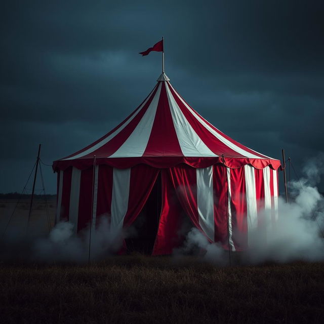 A red and white circus tent standing in an open field