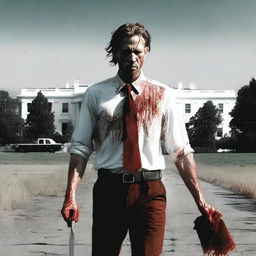 A white man walking along the side of the road in summer with a bloody machete in his hand