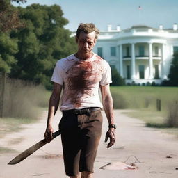 A white man walking along the side of the road in summer with a bloody machete in his hand