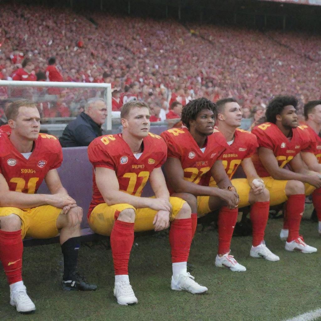 A group of football players sitting engaged on the sideline bench, wearing their football kits with a stadium filled with cheering crowd in the background.