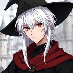 An anime-style depiction of a medieval young man with white hair, red eyes, and black clothes