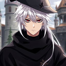 An anime-style depiction of a medieval young man with white hair, red eyes, and black clothes