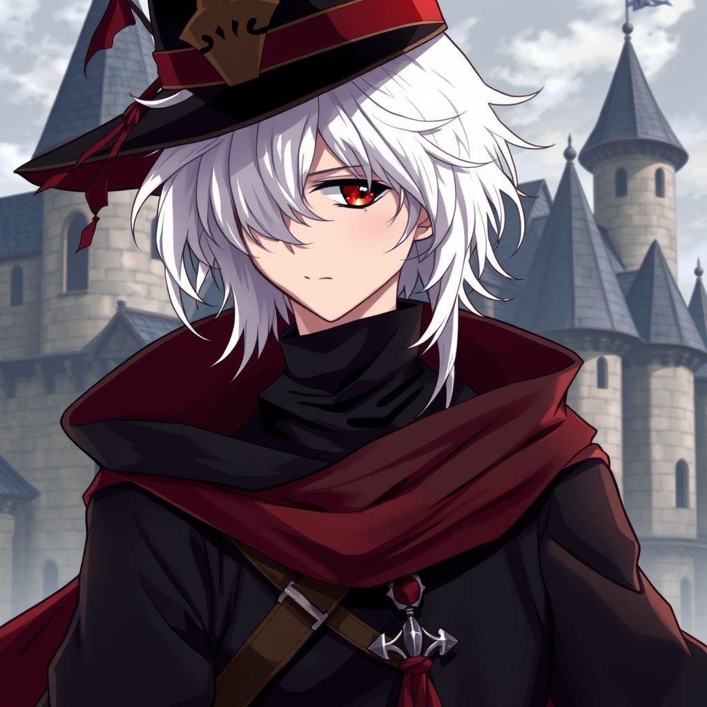 An anime-style depiction of a medieval young man with white hair, red eyes, and black clothes