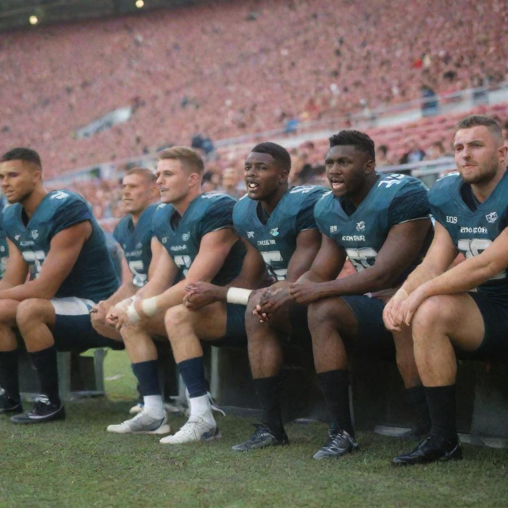 A group of football players sitting engaged on the sideline bench, wearing their football kits with a stadium filled with cheering crowd in the background.