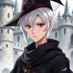 An anime-style depiction of a medieval young man with white hair, red eyes, and black clothes