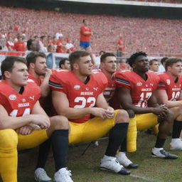 A group of football players sitting engaged on the sideline bench, wearing their football kits with a stadium filled with cheering crowd in the background.