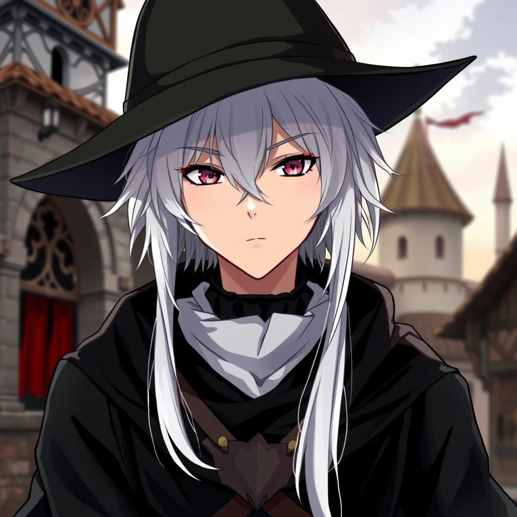 An anime-style depiction of a medieval young man with white hair, red eyes, and black clothes