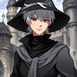 An anime-style depiction of a medieval young man with white hair, red eyes, and black clothes