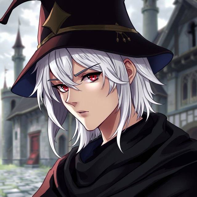 An anime-style depiction of a medieval young man with white hair, red eyes, and black clothes