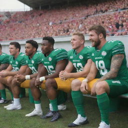 A group of football players sitting engaged on the sideline bench, wearing their football kits with a stadium filled with cheering crowd in the background.