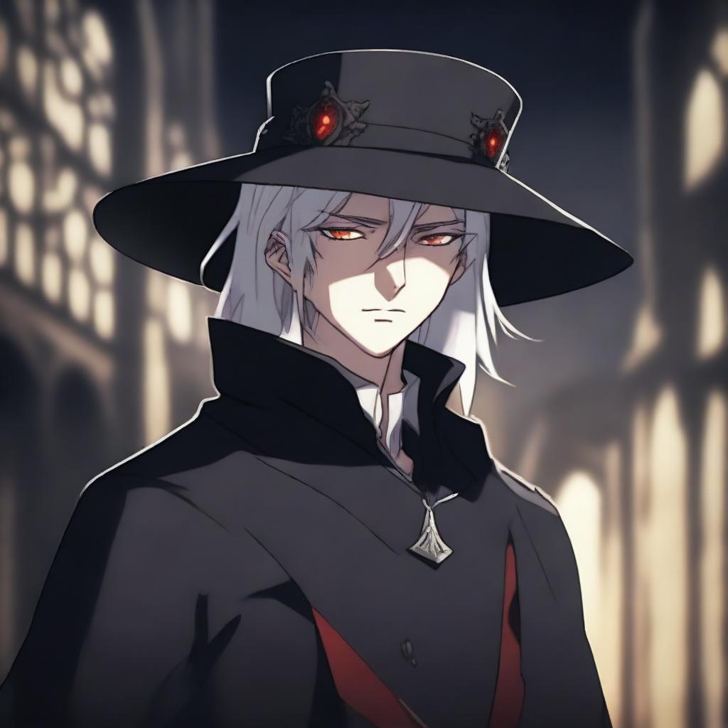 A medieval young man with white hair and red eyes, dressed in black clothes and wearing an elegant hat, depicted in anime style