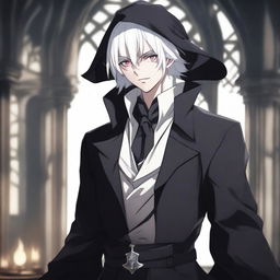 A medieval young man with white hair and red eyes, dressed in black clothes and wearing an elegant hat, depicted in anime style