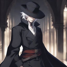 A medieval young man with white hair and red eyes, dressed in black clothes and wearing an elegant hat, depicted in anime style