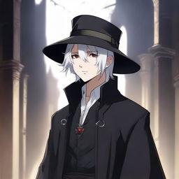 A medieval young man with white hair and red eyes, dressed in black clothes and wearing an elegant hat, depicted in anime style