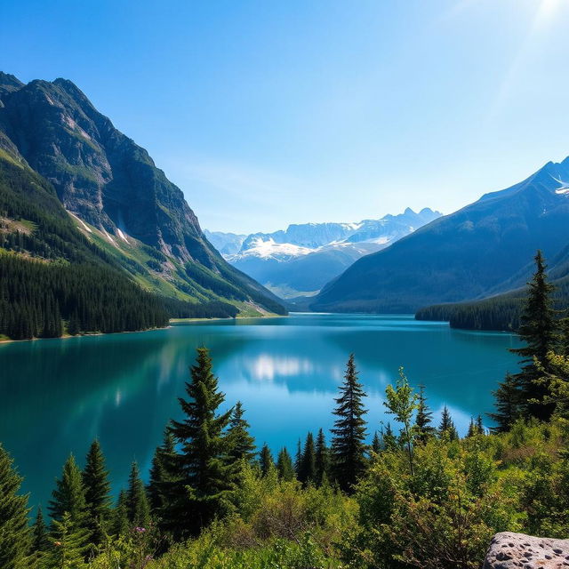 Create a beautiful landscape featuring a serene lake surrounded by mountains and lush greenery under a clear blue sky