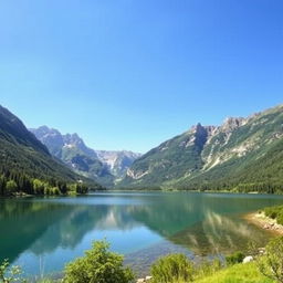 Create a beautiful landscape featuring a serene lake surrounded by mountains and lush greenery under a clear blue sky