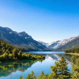 Create a beautiful landscape featuring a serene lake surrounded by mountains and lush greenery under a clear blue sky