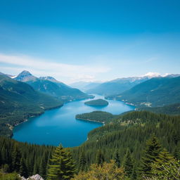 Create a beautiful landscape featuring a serene lake surrounded by mountains and lush greenery under a clear blue sky