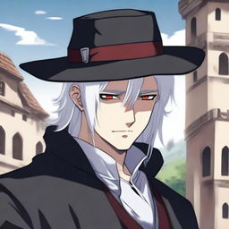 An anime-style depiction of a medieval young man with white hair, red eyes, and black clothes