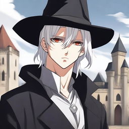 An anime-style depiction of a medieval young man with white hair, red eyes, and black clothes