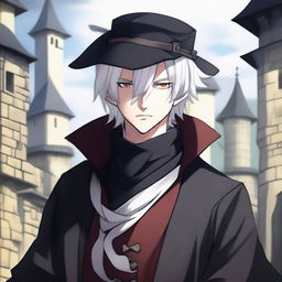 An anime-style depiction of a medieval young man with white hair, red eyes, and black clothes