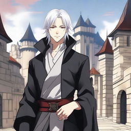 An anime-style depiction of a medieval young man with white hair, red eyes, and black clothes