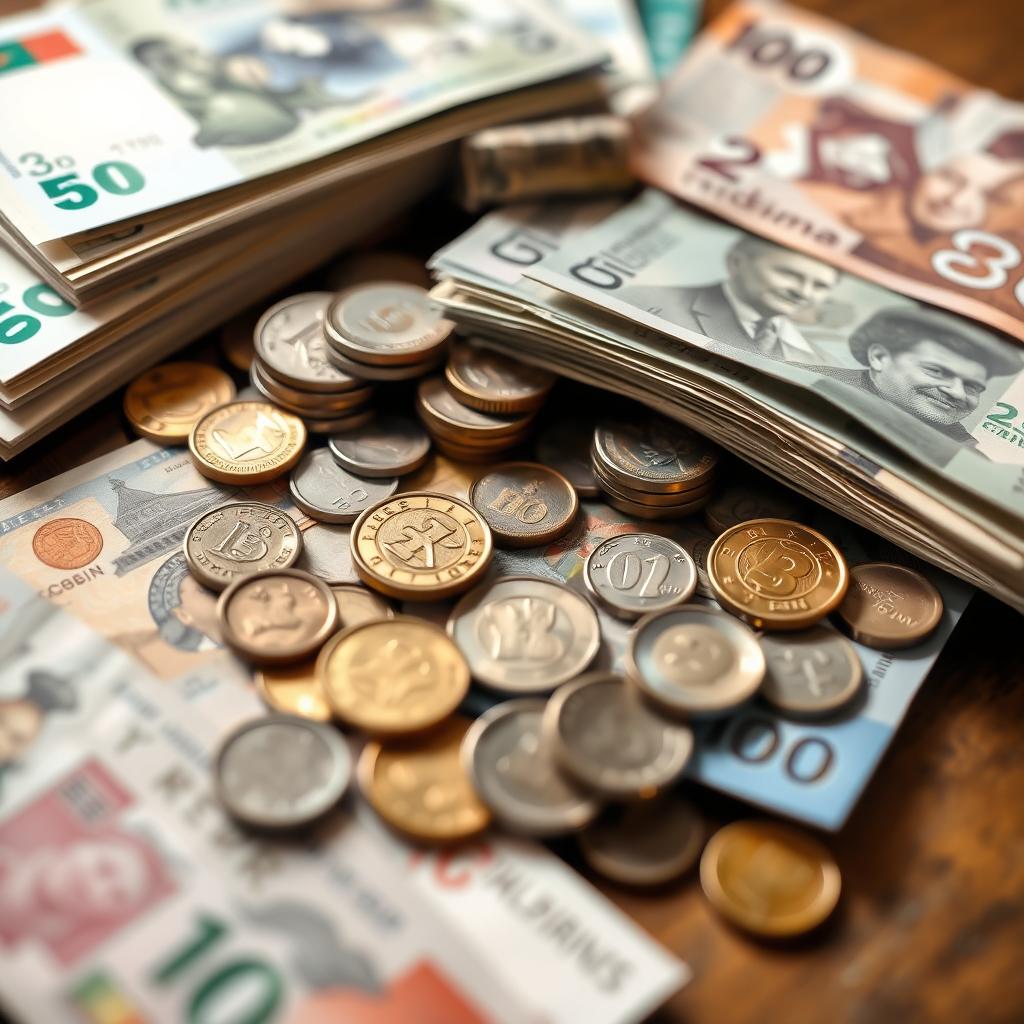 A detailed and realistic image of various denominations of currency notes and coins from different countries, neatly arranged on a wooden table