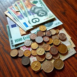 A detailed and realistic image of various denominations of currency notes and coins from different countries, neatly arranged on a wooden table