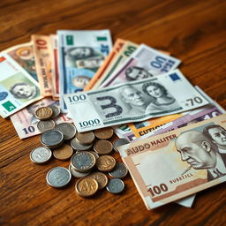 A detailed and realistic image of various denominations of currency notes and coins from different countries, neatly arranged on a wooden table