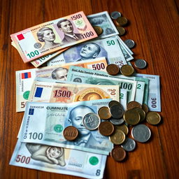 A detailed and realistic image of various denominations of currency notes and coins from different countries, neatly arranged on a wooden table