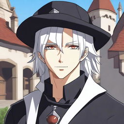 An anime-style depiction of a medieval young man with white hair, red eyes, and black clothes