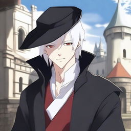 An anime-style depiction of a medieval young man with white hair, red eyes, and black clothes