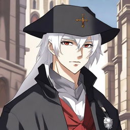 An anime-style depiction of a medieval young man with white hair, red eyes, and black clothes