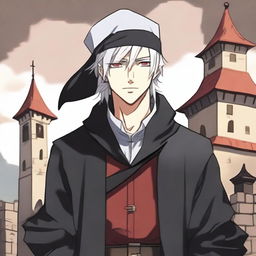 An anime-style depiction of a medieval young man with white hair, red eyes, and black clothes