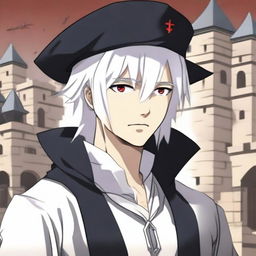 An anime-style depiction of a medieval young man with white hair, red eyes, and black clothes