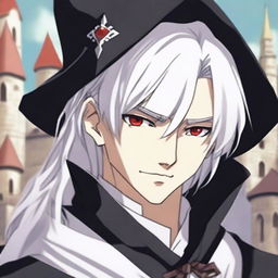 An anime-style depiction of a medieval young man with white hair, red eyes, and black clothes